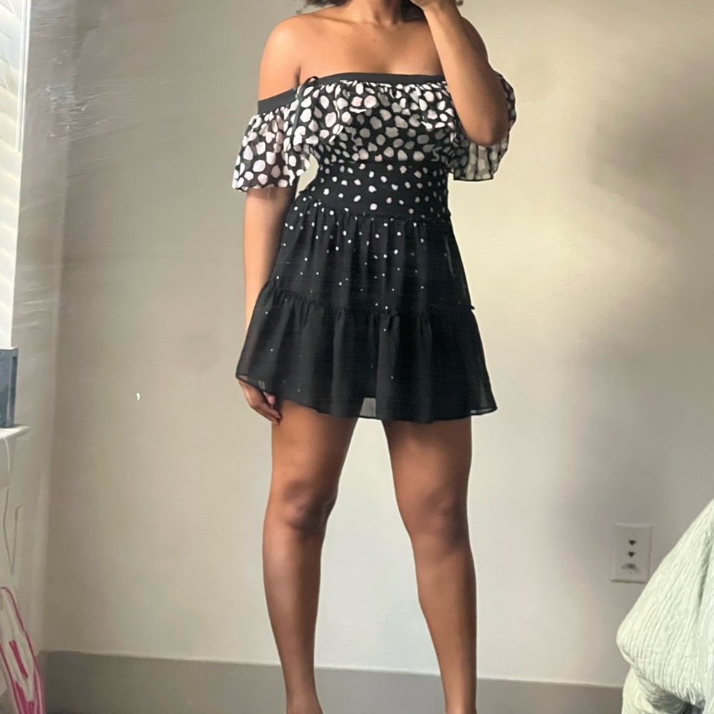 BCBGMaxAzria Off-Shoulder Black, Pink, and White Dress